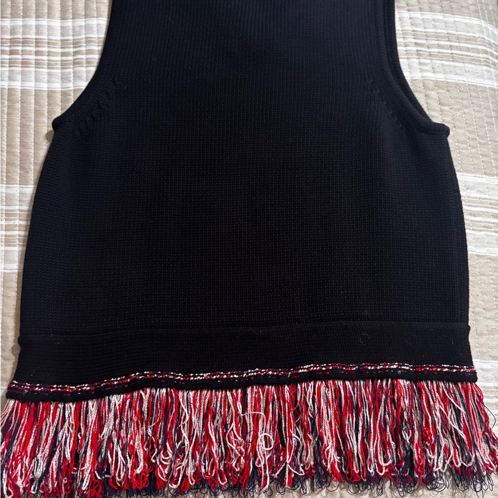 Carven Black Top with Red and White Fringe
